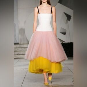 NWOT Carolina Herrera White, Pink and Yellow Midi Silk Dress